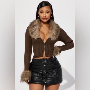 Fashion Nova Brown Cardigan with Faux Fur Collar